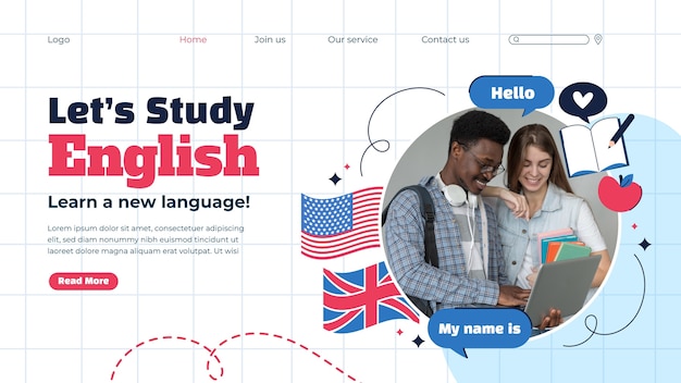 Vector gratuito plantilla de página de destino de las lecciones de inglés