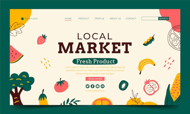 Plantilla de página de destino de mercado local dibujada a mano