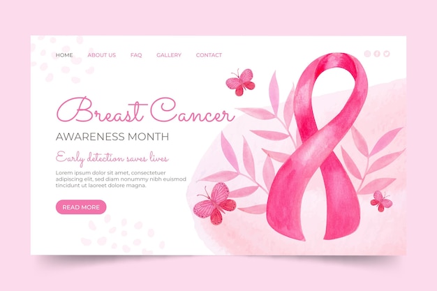 Plantilla de página de destino del mes de concientización sobre el cáncer de mama en acuarela