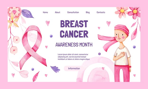 Plantilla de página de destino del mes de concientización sobre el cáncer de mama en acuarela