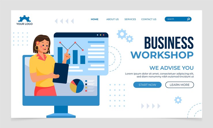 Vector gratuito plantilla de página de destino de paquete de marketing plano de taller de negocios
