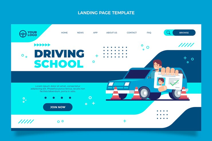 Vector gratuito plantilla de página de destino plana para autoescuela