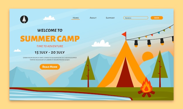 Vector gratuito plantilla de página de destino plana para campamento de verano