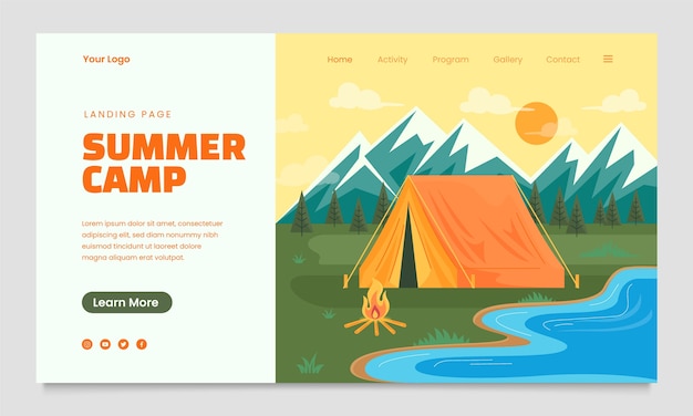 Plantilla de página de destino plana para campamento de verano