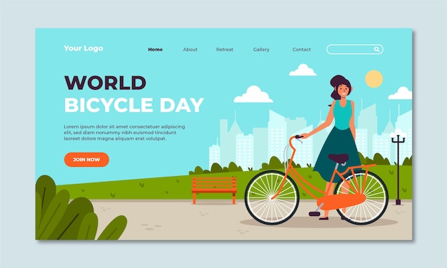 Vector gratuito plantilla de página de destino plana para la celebración del día mundial de la bicicleta