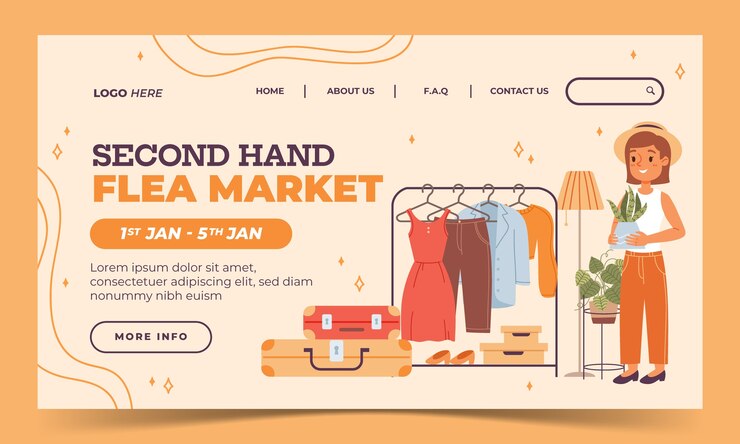 Vector gratuito plantilla de página de destino plana para evento de mercado de pulgas de segunda mano