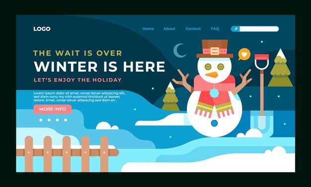 Plantilla de página de destino plana para la temporada de invierno con muñeco de nieve