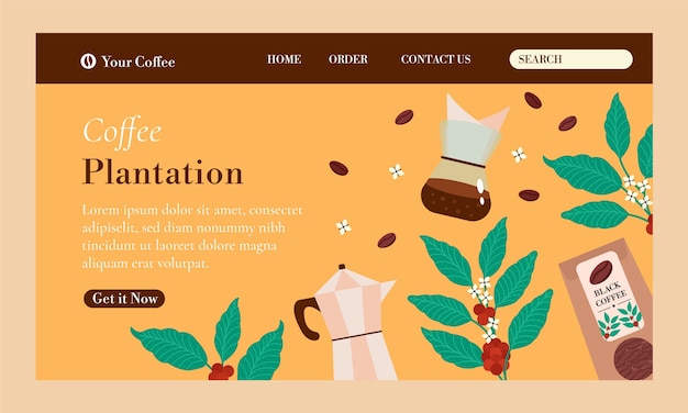 Plantilla de página de destino de plantación de café de diseño plano
