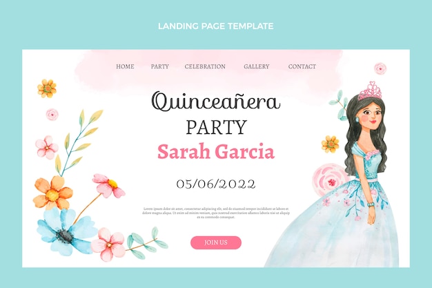 Vector gratuito plantilla de página de destino de quinceañera en acuarela