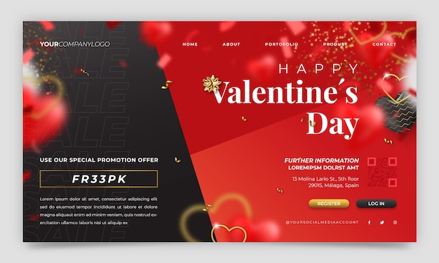 Vector gratuito plantilla de página de destino realista para la celebración del día de san valentín