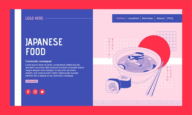 Plantilla de página de destino de restaurante japonés dibujada a mano