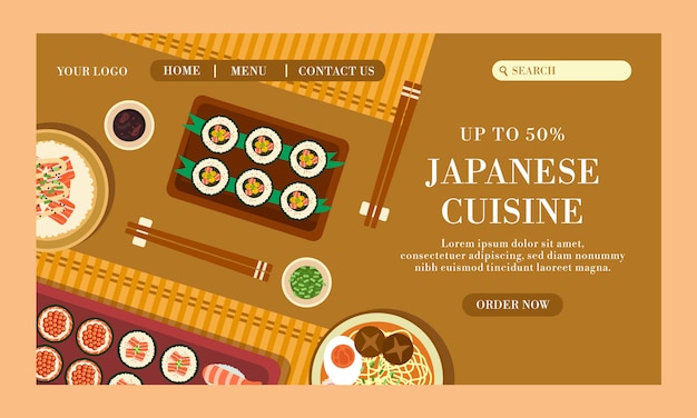 Plantilla de página de destino de restaurante japonés plano