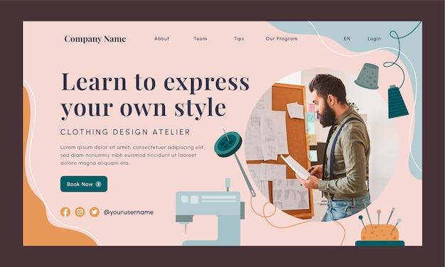 Vector gratuito plantilla de página de destino de taller de moda mínima