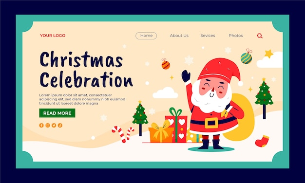 Plantilla de página de destino para la temporada navideña con santa y regalos