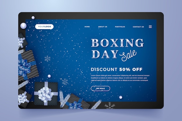 Vector gratuito plantilla de página de destino de venta de boxing day realista