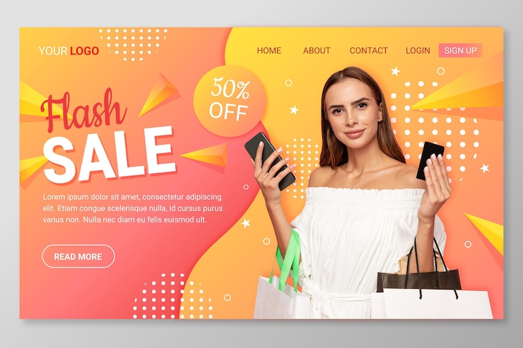 Vector gratuito plantilla de página de destino de venta degradada con foto
