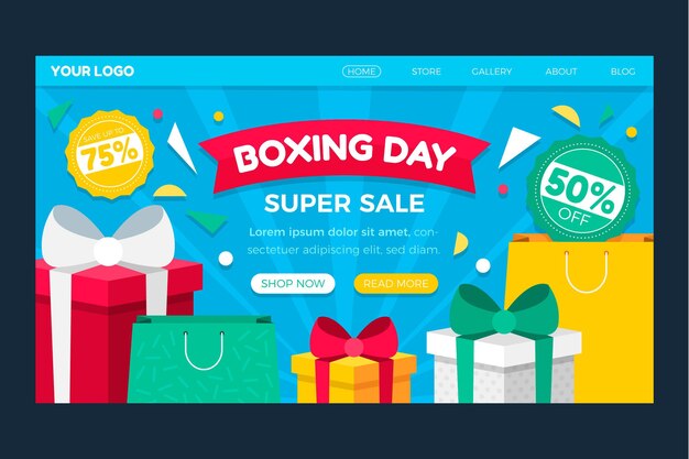 Plantilla de página de destino de venta de día de boxeo plana