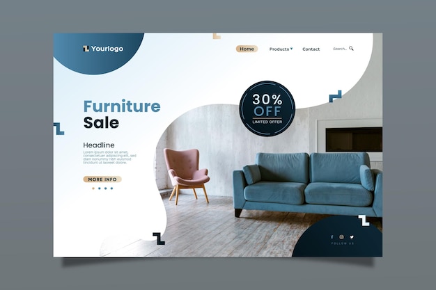 Vector gratuito plantilla de página de destino de venta de muebles degradados con foto