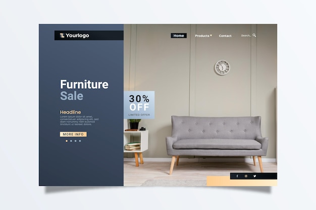 Vector gratuito plantilla de página de destino de venta de muebles degradados con foto