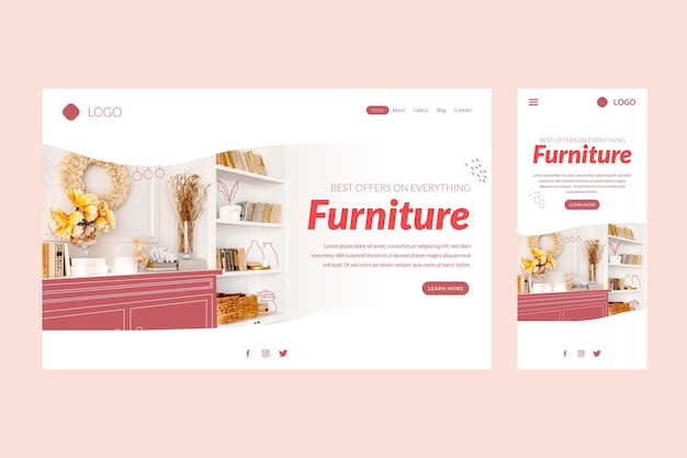 Vector gratuito plantilla de página de destino de venta de muebles planos orgánicos con foto