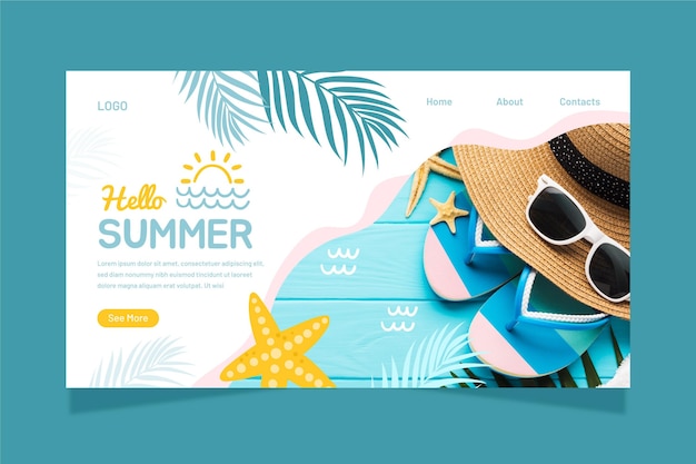 Plantilla de página de destino de verano dibujada a mano con foto