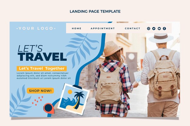 Plantilla de página de destino de viajes de diseño plano