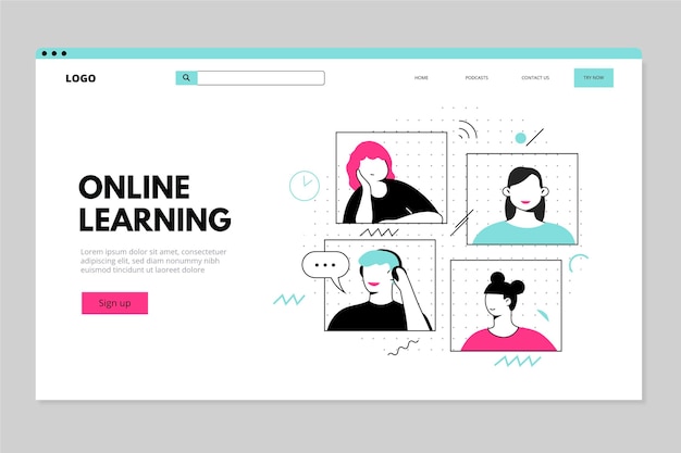 Vector gratuito plantilla de página de inicio de aprendizaje en línea plana lineal