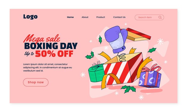 Plantilla de página de inicio dibujada a mano para compras y ventas del día del boxeo