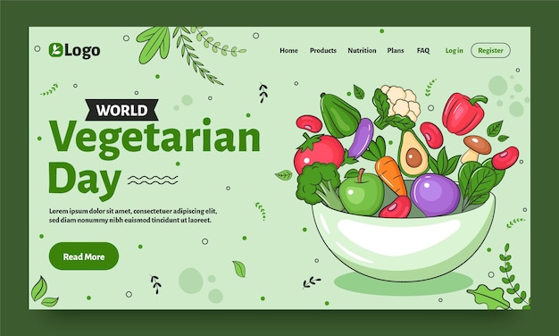 Vector gratuito plantilla de página de inicio dibujada a mano para el evento del día mundial del vegetariano