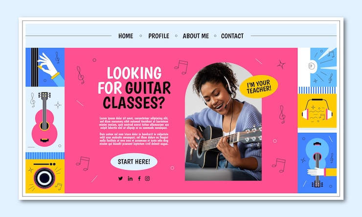 Vector gratuito plantilla de página de inicio de lecciones de guitarra dibujada a mano