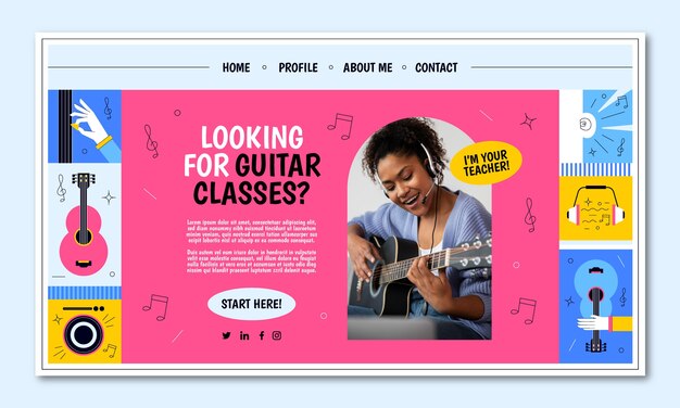 Plantilla de página de inicio de lecciones de guitarra dibujada a mano
