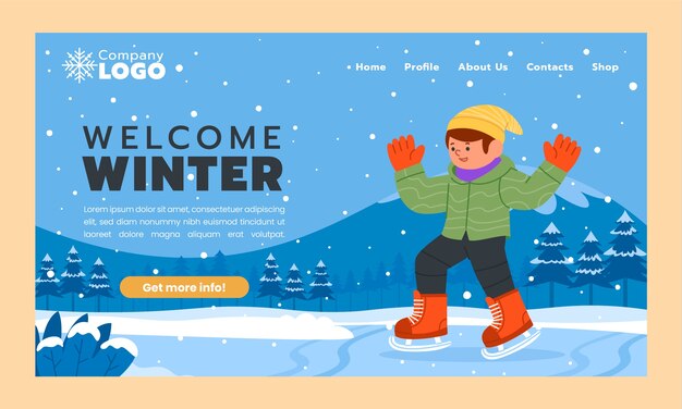Plantilla de página de inicio plana para la temporada de invierno con hombre patinando sobre hielo
