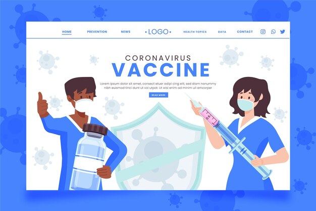 Plantilla de página de inicio de vacuna contra el coronavirus dibujada a mano plana