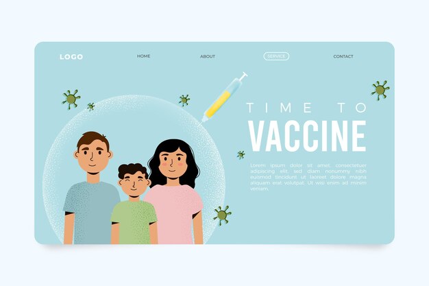 Plantilla de página de inicio de vacuna contra el coronavirus dibujada a mano plana