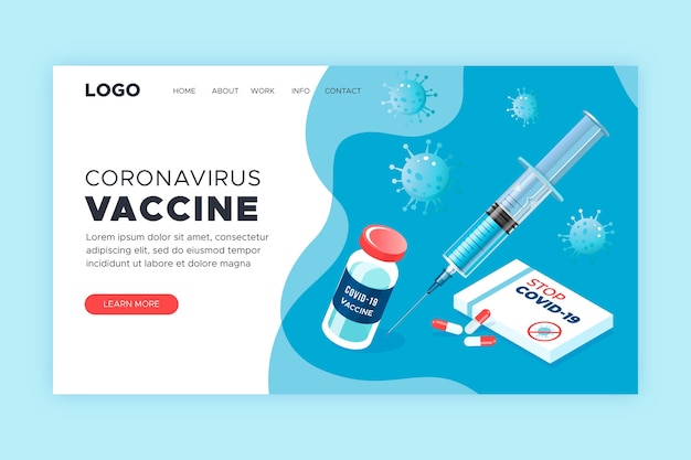 Plantilla de página de inicio de vacuna contra el coronavirus dibujada a mano plana