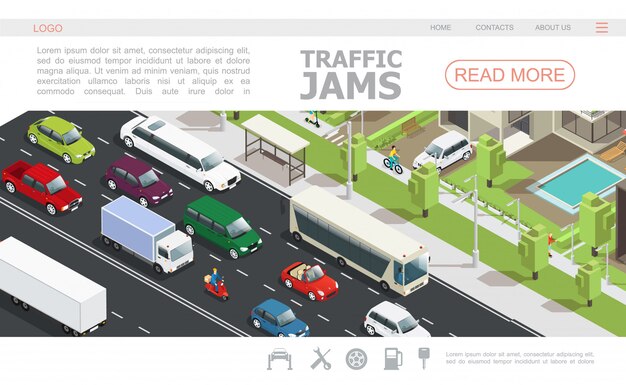 Plantilla de página web de atasco isométrica con diferentes coches moviéndose en carretera en la ciudad