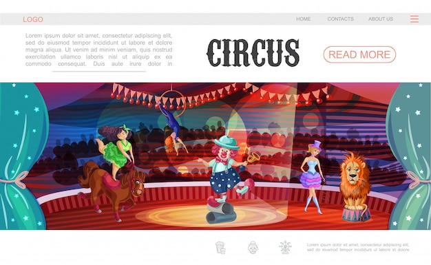 Plantilla de página web de circo de dibujos animados con payaso acróbata entrenadores león caballo realizando diferentes trucos en arena