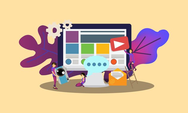plantilla de página web. Idea de personas que trabajan en equipo. Ilustración vectorial en estilo de dibujos animados,