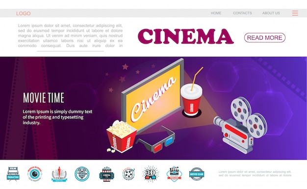 Plantilla de página web de tiempo de película isométrica con pantalla de televisión, refrescos, palomitas de maíz, cámara con gafas 3D y etiquetas de cine coloridas