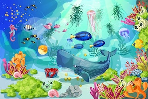 Vector gratuito plantilla de paisaje marino submarino de dibujos animados