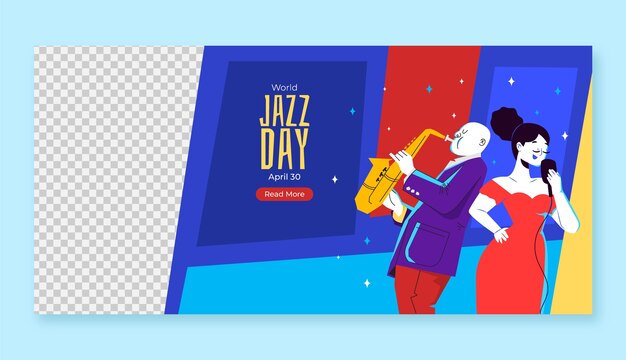 plantilla de pancarta horizontal del día del jazz del mundo plana dibujada a mano