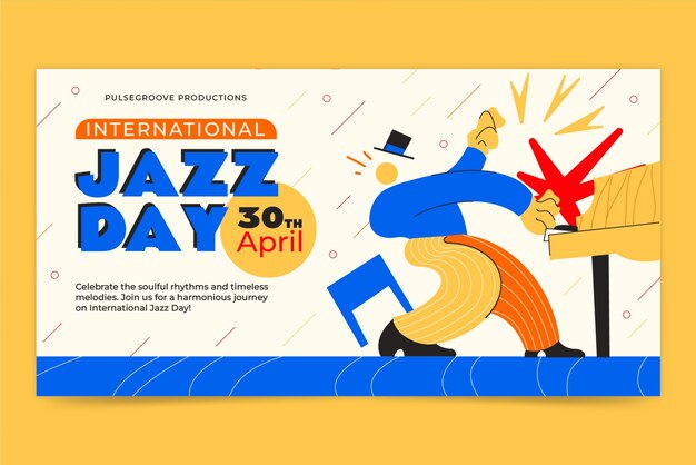 Vector gratuito plantilla de pancarta horizontal del día del jazz del mundo plana dibujada a mano