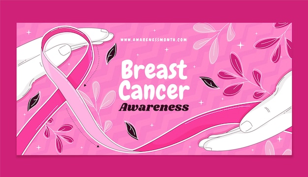 Plantilla de pancarta horizontal dibujada a mano para el mes de concienciación sobre el cáncer de mama