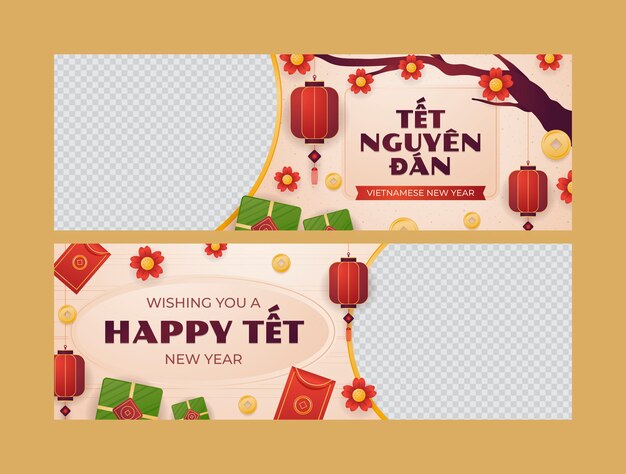 plantilla de pancarta horizontal gradiente para la celebración del año nuevo tet