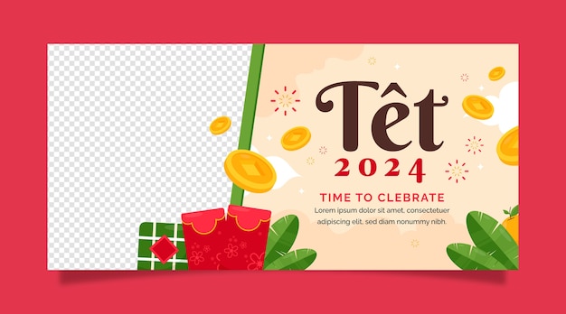 Vector gratuito plantilla de pancarta horizontal plana para la celebración del año nuevo tet