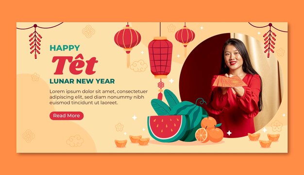 plantilla de pancarta horizontal plana para la celebración del año nuevo tet