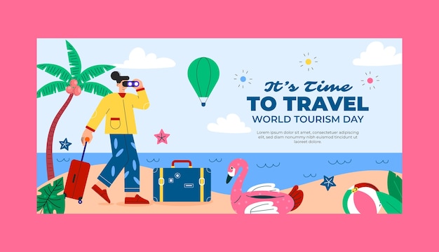 plantilla de pancarta horizontal plana para la celebración del día mundial del turismo