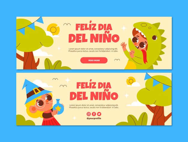 plantilla de pancarta horizontal plana para la celebración del día de los niños en español