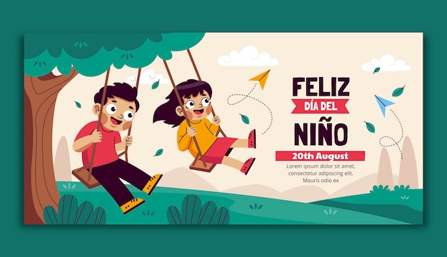 Plantilla de pancarta horizontal plana para la celebración del día de los niños en español