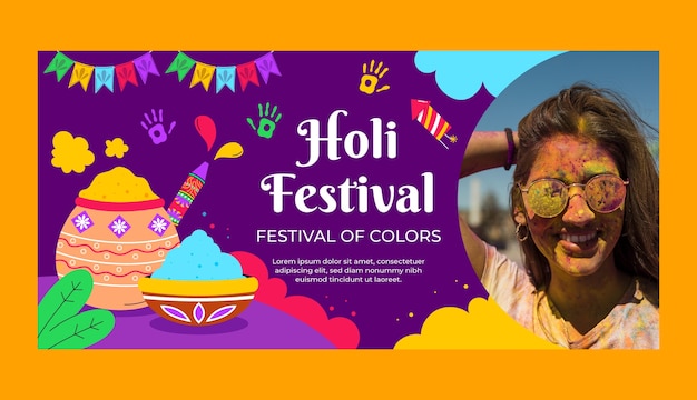 Vector gratuito plantilla de pancarta horizontal plana para la celebración del festival de holi.